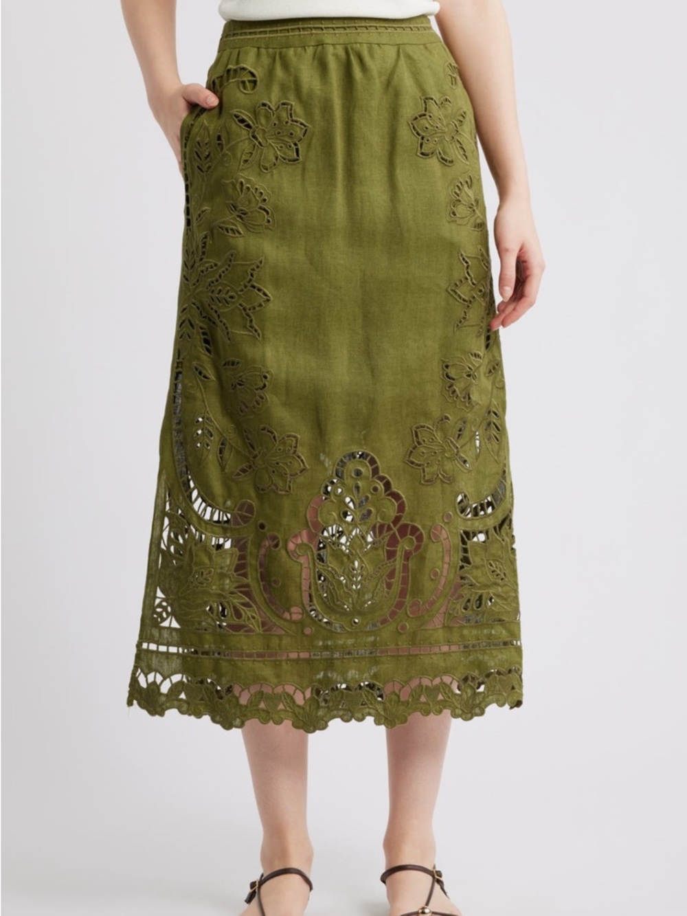 FARM Rio Green Majestic Garden Linen Eyelet Midi Skirt – XS NWT